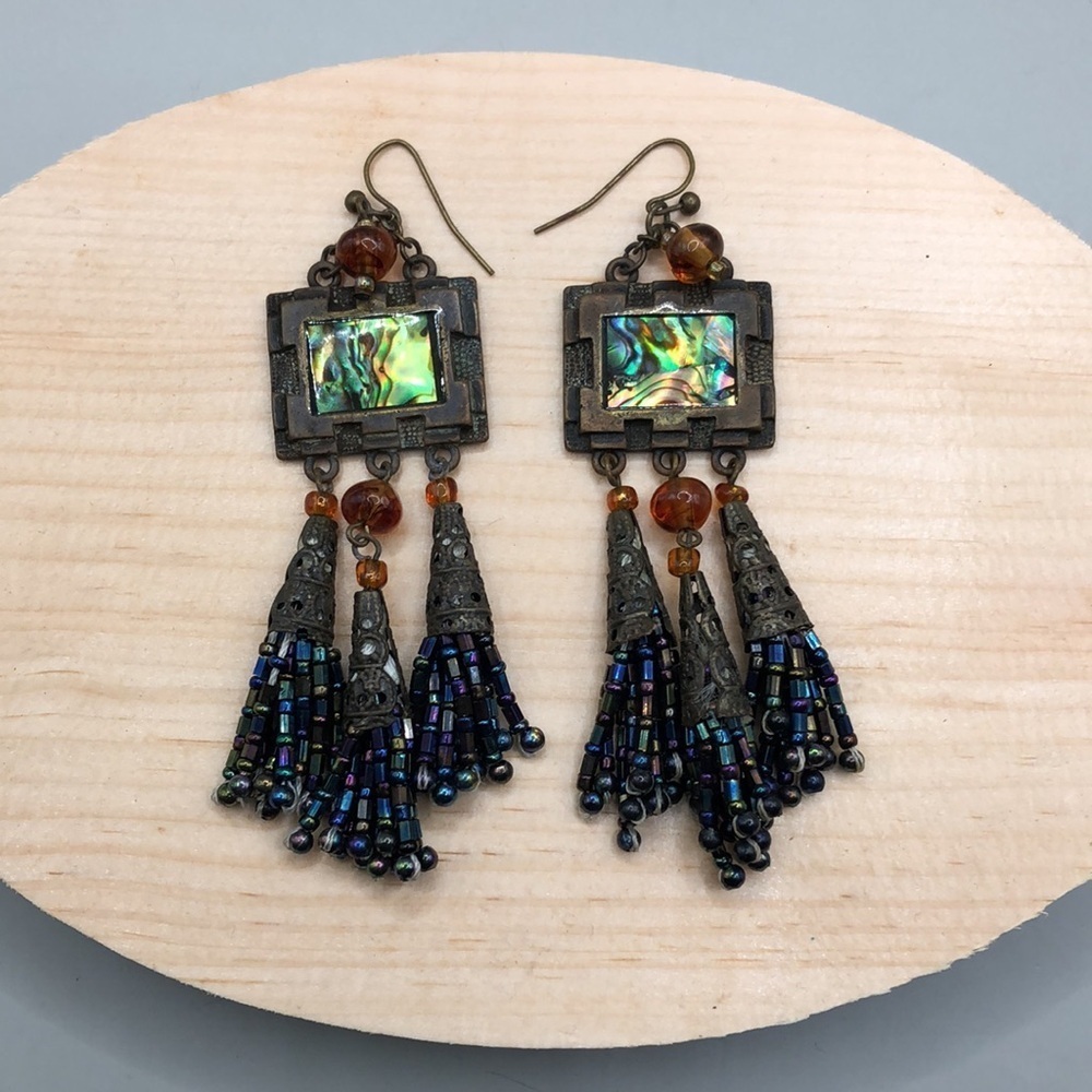 Vintaged antiqued brass abalone inlay statement style dangle drop earrings long